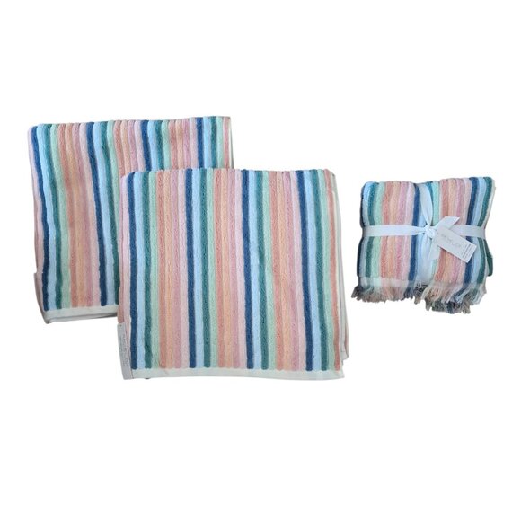 Rachel Zoe Pastel Rainbow Stripes Set of 2 Bath + 2 Hand Towels NWT - Picture 1 of 4